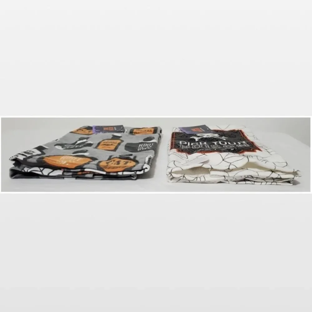 2 New Haunted House Kitchen Towels Halloween Gray & White Poison Potions Set NWT